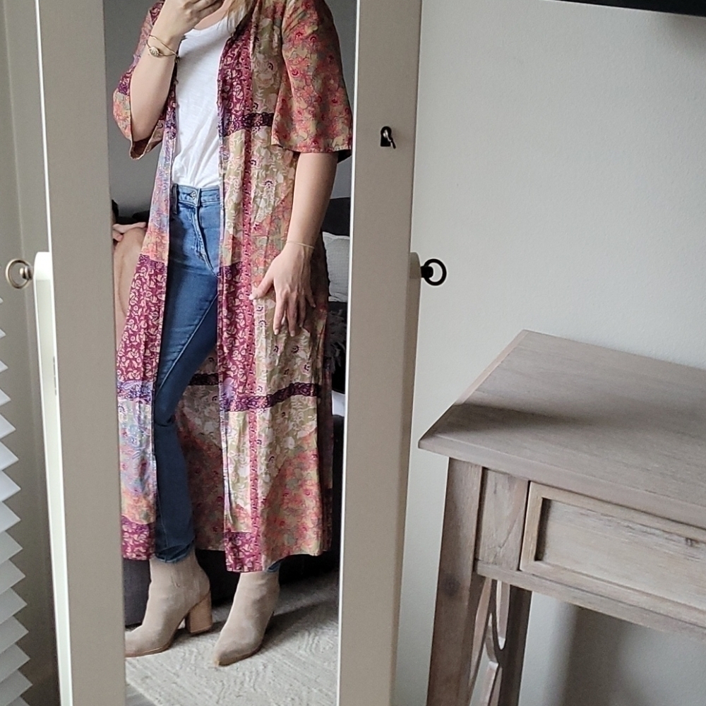 MAYDEN Los Angeles Boho Floral Patchwork Long Duster Kimono Vest Size Small - Picture 3 of 12